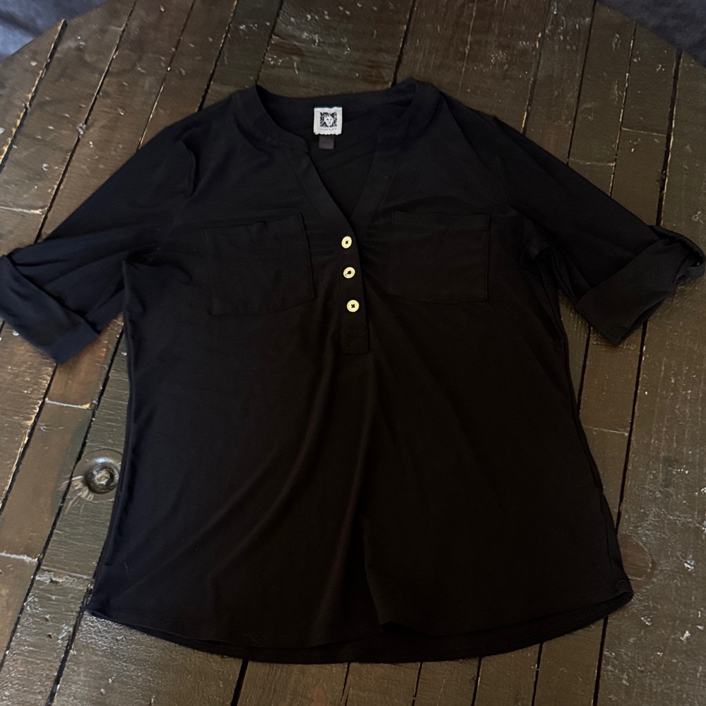Anne Klein Black Button-Down Shirt with Gold Accents